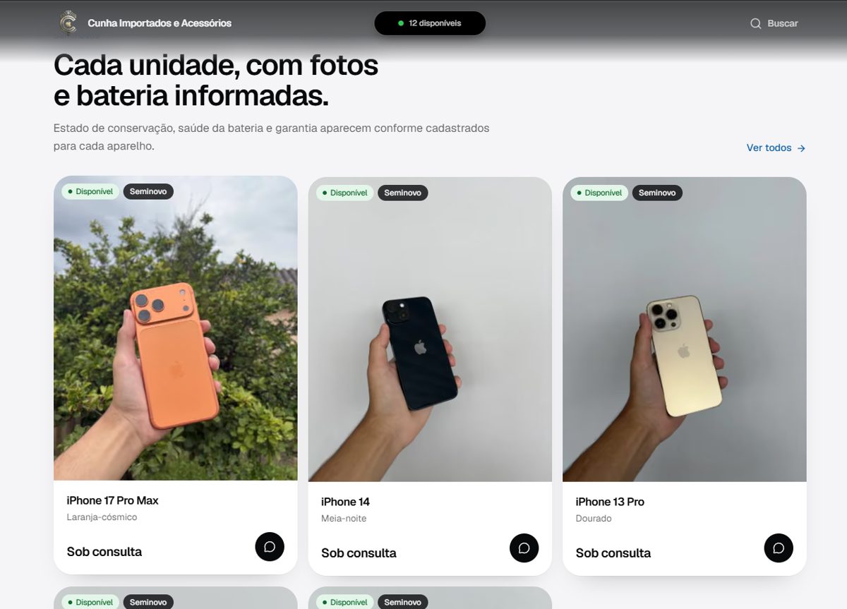Catálogo de iPhones do site da Cunha Importados