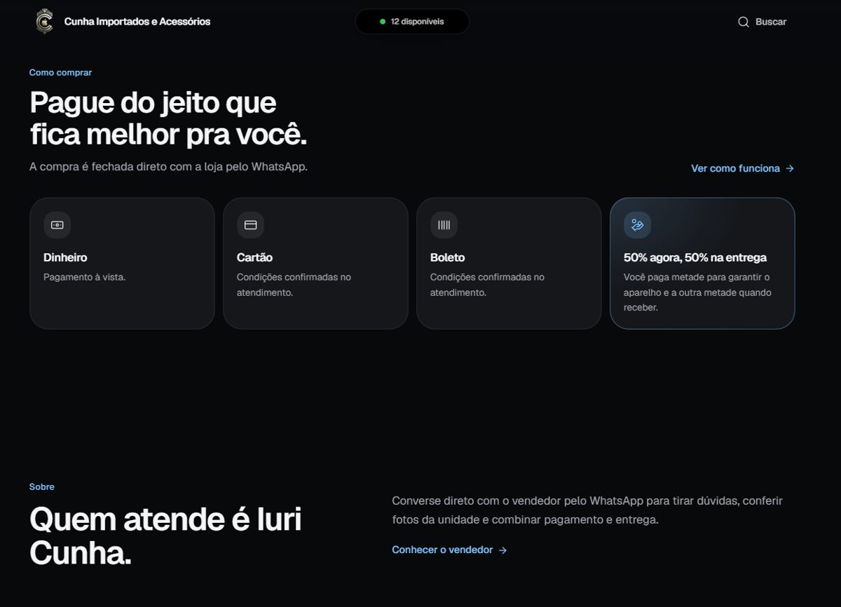 Página de produto do site da Cunha Importados